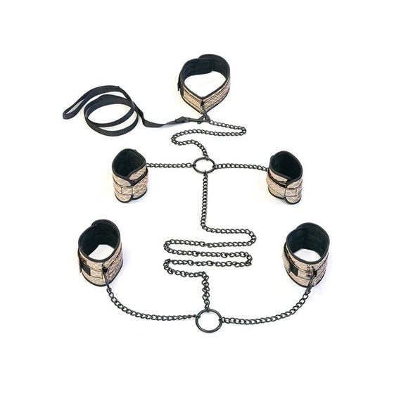 Spartacus Faux Leather Collar to Wrist & Ankle Restraints Bondage Kit w/Leash - Gold
