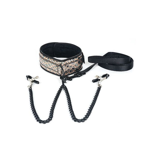 Spartacus Faux Leather Collar & Leash w/Black Nipple Clamps - Gold