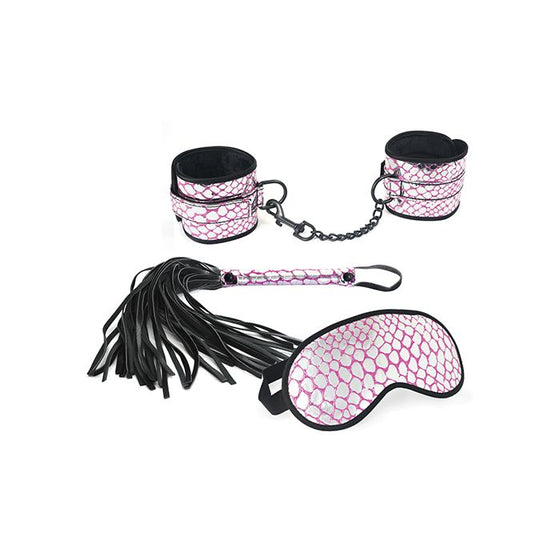 Spartacus Faux Leather Wrist Restraints Blindfold & Flogger Bondage Kit - Pink