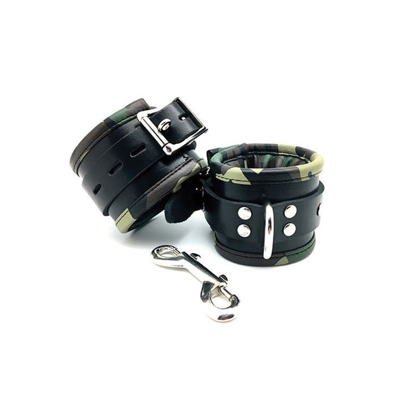 Sensual Sin Leather Padded Wrist Cuffs - Camo Piping