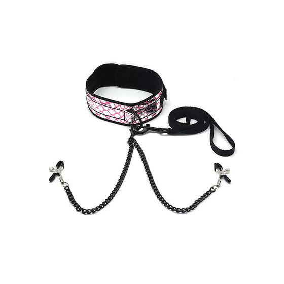 Spartacus Faux Leather Collar & Leash w/Black Nipple Clamps - Pink