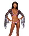 Black Mesh Butterfly Print Flutter Sleeve Top w/Thong 2 pc Set - Multi-Color MD