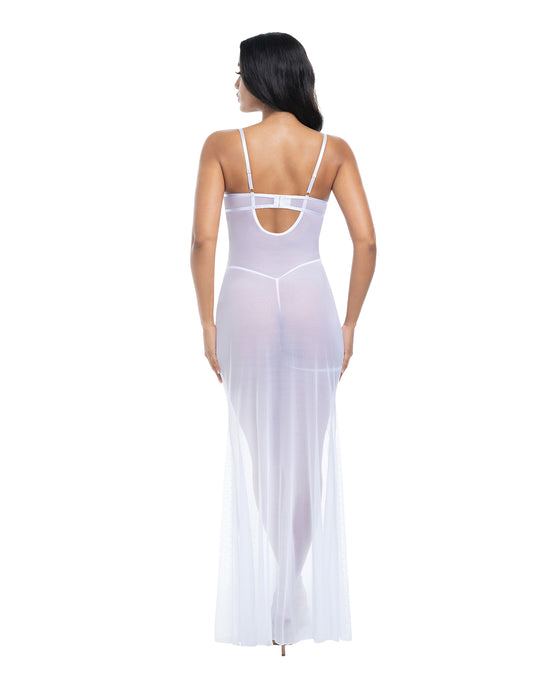 Livia Dot Mesh & Lace Underwire Gown & Garter 2 pc Set - White S/M