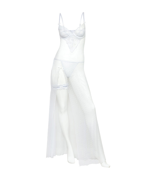 Livia Dot Mesh & Lace Underwire Gown & Garter 2 pc Set - White S/M