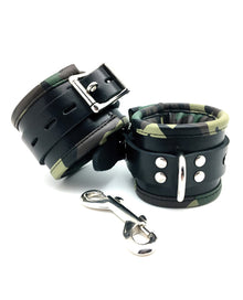  Sensual Sin Leather Padded Wrist Cuffs - Camo Piping