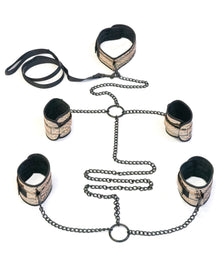  Spartacus Faux Leather Collar to Wrist & Ankle Restraints Bondage Kit w/Leash - Gold