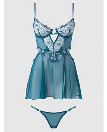  Nova Lace & Mesh Babydoll w/G-String 2 pc Set - Jade Blue MD