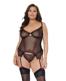  Mesh Underwire Garterbelt Bustier w/G-String Black 3X/4X