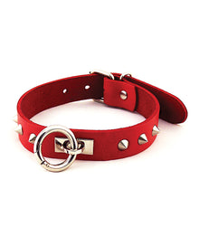  Rouge Leather O Ring Studded Collar - Red