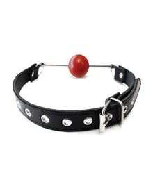  Rouge Leather Ball Gag with Stainless Steel Rod and Removable Ball - Black with Red
