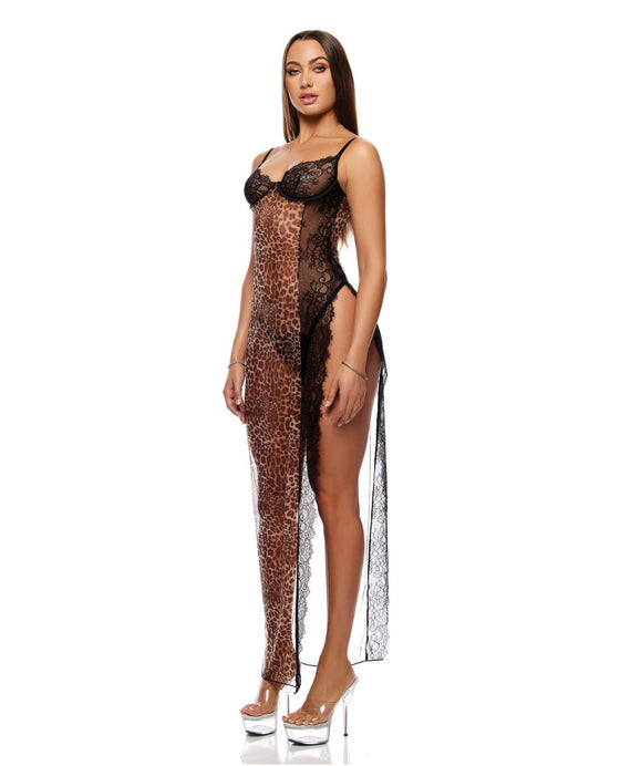 Animal Instincts Sheer Mesh and Lace Gown w/Thong 2 pc Set - Animal XL