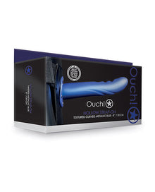 Shots Ouch 8" Textured Curved Hollow Strap On - Metallic Blue