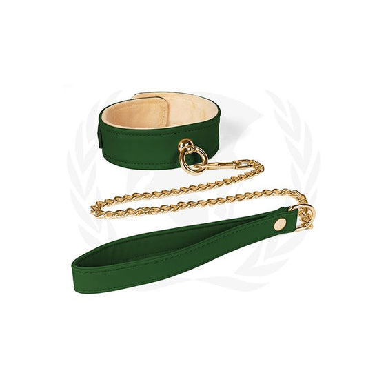 Spartacus Plush Lined PU Collar & Chained Leash - Green