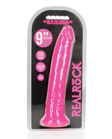  Shots RealRock 9" Slim Dildo Glow in the Dark - Neon Pink