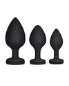 Gemsations 3 pc 2.75" & 3.15" & 3.7" Silicone Bling Bling Heart Butt Plug Training Set - Black
