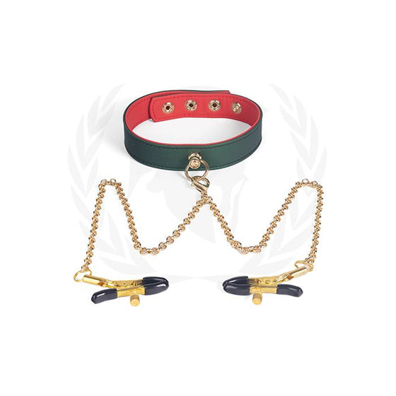 Spartacus PU Collar w/Nipple Clamps - Green