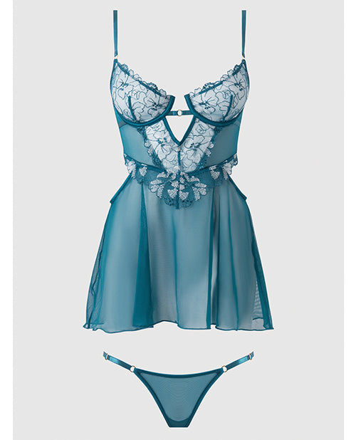 Nova Lace & Mesh Babydoll w/G-String 2 pc Set - Jade Blue 3X/4X