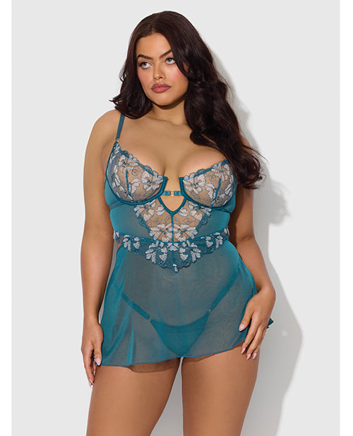 Nova Lace & Mesh Babydoll w/G-String 2 pc Set - Jade Blue 3X/4X
