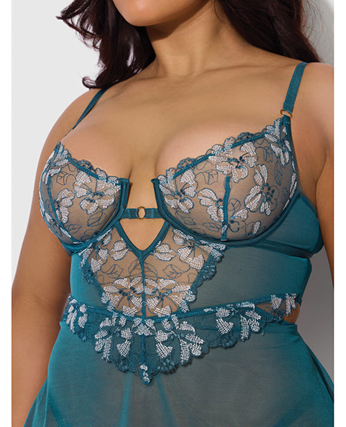 Nova Lace & Mesh Babydoll w/G-String 2 pc Set - Jade Blue 3X/4X