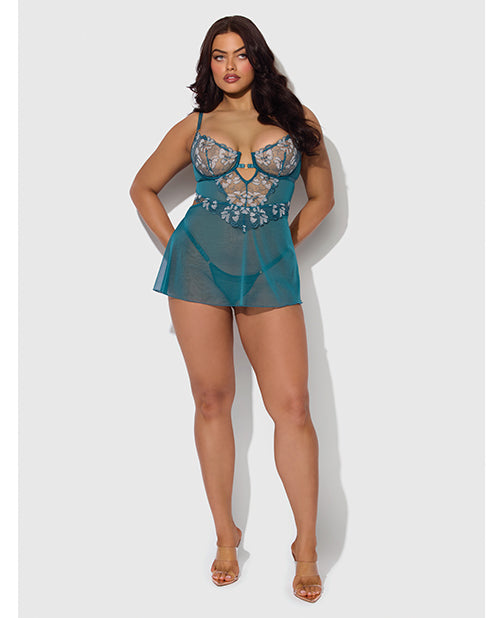 Nova Lace & Mesh Babydoll w/G-String 2 pc Set - Jade Blue 3X/4X