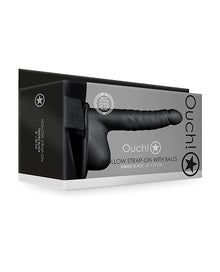  Shots Ouch 8" Ribbed Hollow Strap On w/Balls - Black