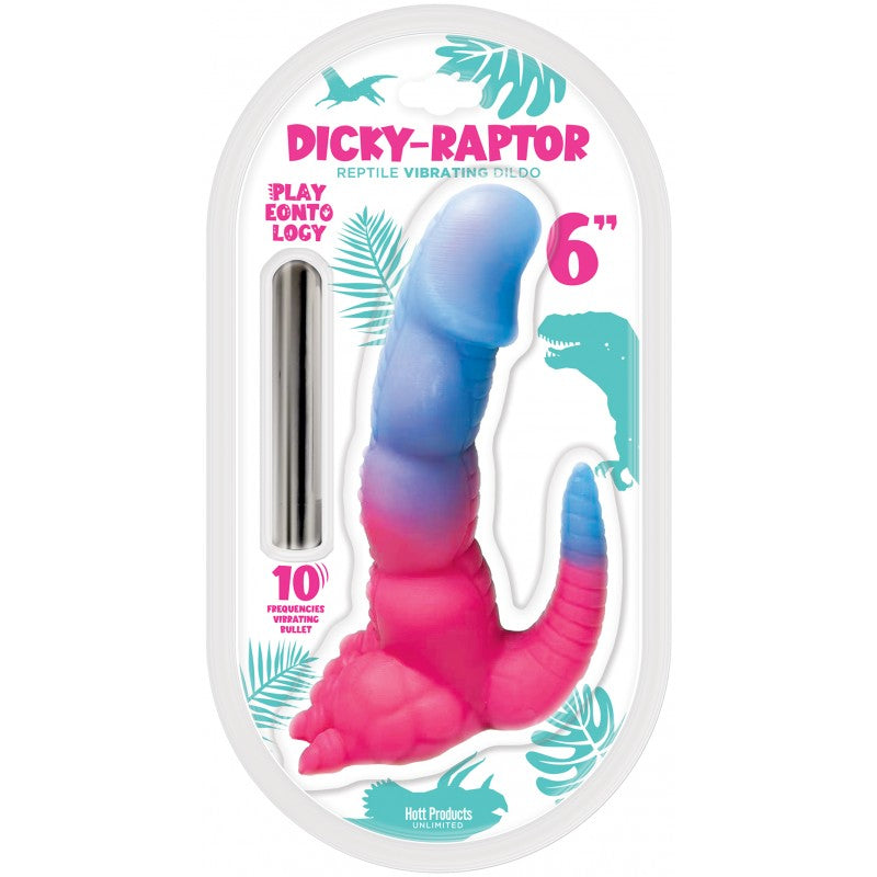 Blue and pink Playeontology Dicky-Raptor vibrating dildo and bullet vibrator in manufacturer packaging.