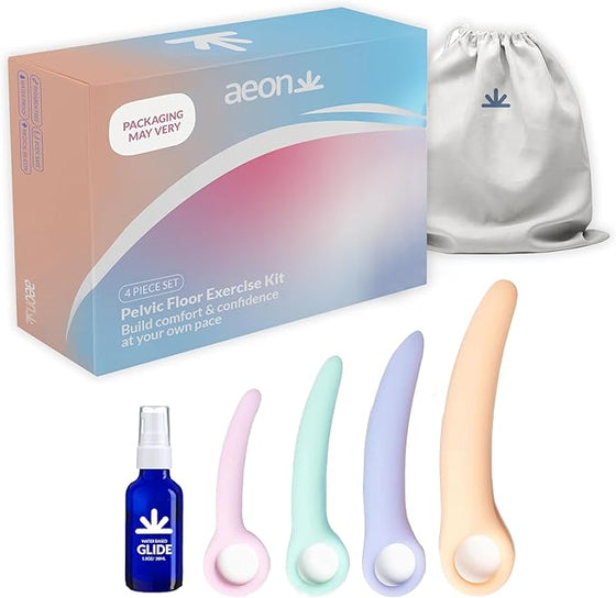 AEON Gentle Touch Premium Silicone 4-Piece Curved Set for Pelvic Floor Wellness & Flexibility – Soft, Body-Safe Design – Includes Glide Moisturizer ($8 Value) & Elegant Storage Bag