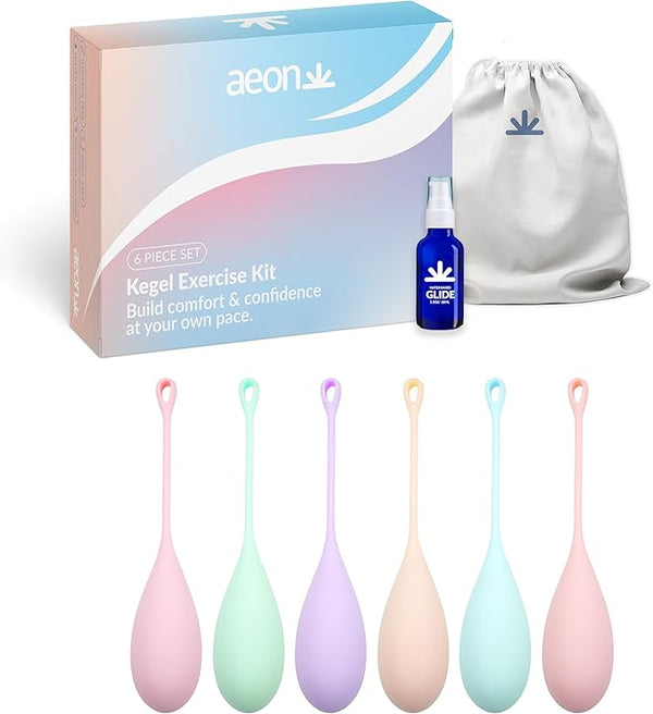 AEON Kegel Exercise Balls Set – 6 Progressive Silicone Pelvic Floor Trainers. Body-Safe, Soft & Flexible. Includes Discreet Storage Pouch & AEON Personal Glide Bottle - $8 Value – Beginner to Advanced