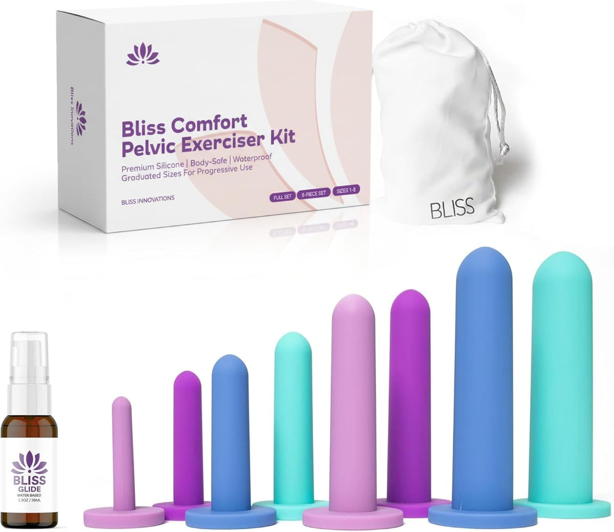 Bliss Innovations Comfort 8-Piece Silicone Wellness Set – Full Progression Kit for Pelvic Support & Flexibility – Soft, Body-Safe Design – Sizes 1–8 - Discreet Storage + One 1.3 Oz Glide Bottles – $10 Value